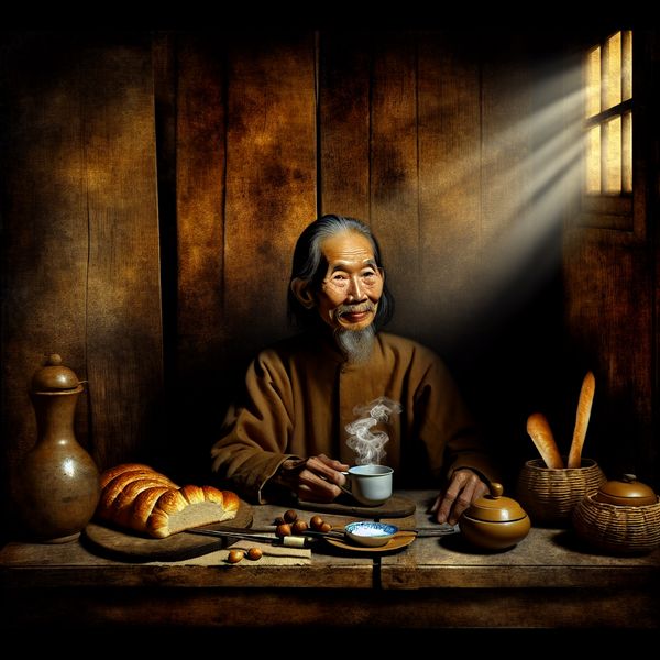 Dagelijkse routine in Rembrandt-stijl: voortdurend moment van rust en herhaling Oudere man drinkt koffie aan ontbijttafel in Rembrandt-stijl, symboliserend dagelijkse routine en voortdurend moment