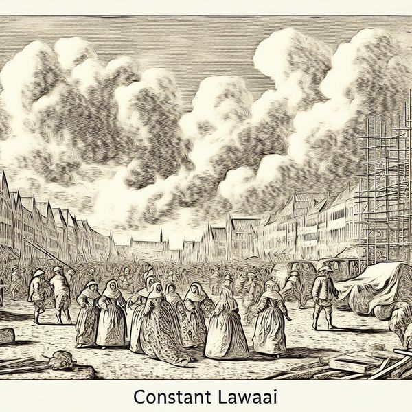Voortdurend straatlawaai in schilderijstijl van Jacob van Ruisdael Druk straatbeeld met voortdurende activiteit onder dramatische lucht, geïnspireerd op Jacob van Ruisdael, ter illustratie van 'voortdurend lawaai'