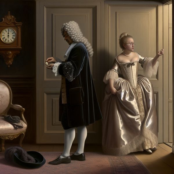 17e-eeuws Nederlands interieur met een man die voortdurend op zijn zakhorloge kijkt terwijl een gefrustreerde vrouw naar een wandklok wijst
