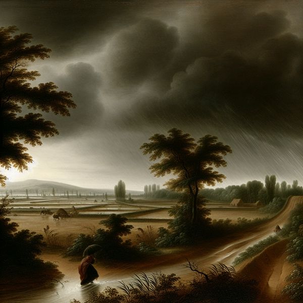 Dramatisch landschap in de stijl van Jacob van Ruisdael met voortdurende regenval over een uitgestrekt, somber platteland en een eenzame figuur met paraplu