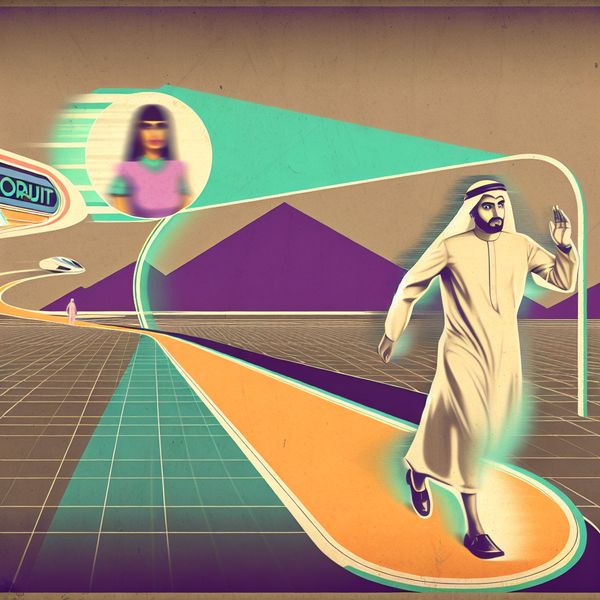 Illustratie van persoon die vooruit loopt op een retro-futuristisch pad met bewegingslijnen, richting aangevend
