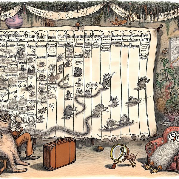 Grappige cartoon van dieren die vooruit plannen met een grote tijdlijn, met toekomstige gebeurtenissen zoals vakantie en groei