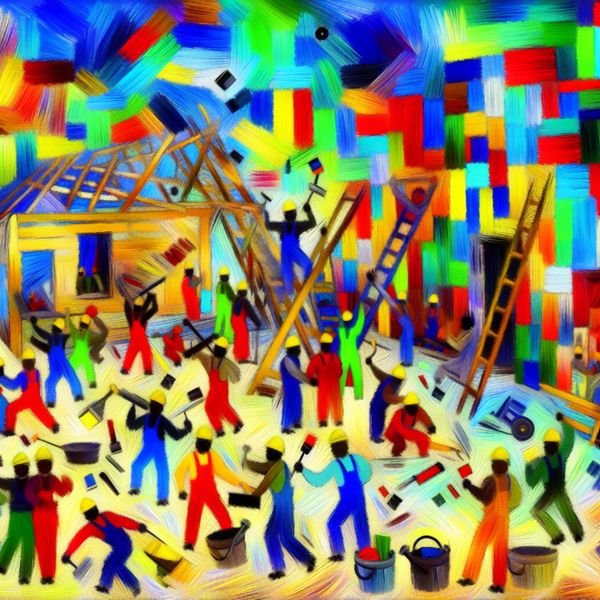 Abstracte voorstelling van een bouwplaats met arbeiders die vooruitgang boeken bij het bouwen van een huis, in expressieve kleuren en dikke penseelstreken
