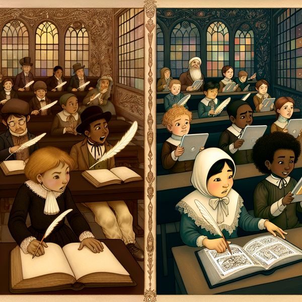 Illustratie van een nostalgische vergelijking tussen een oude en moderne klas, waarbij een meisje met een digitale opdracht vooruitgang toont in de stijl van Anton Pieck