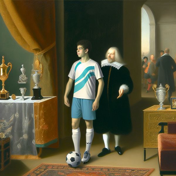 Vooruitzicht op succes: jonge voetballer met veelbelovende carrièrekansen Jonge voetballer in moderne sportkleding staat zelfverzekerd in een elegante kamer met symbolen van toekomstig succes, zoals een trofee en een mentor die hem aanmoedigt