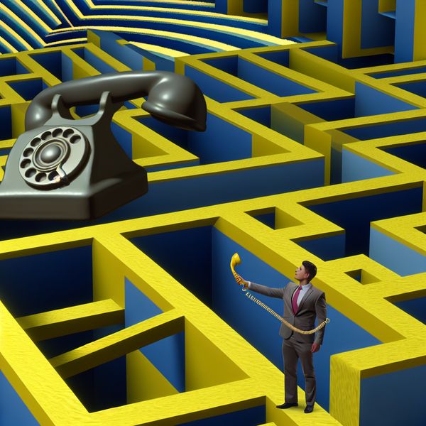 Voorwaardelijke Verbinding in een Escher-Labyrint Surrealistische scène met een individu in een M.C. Escher-achtige mathematische doolhof met een telefoon.