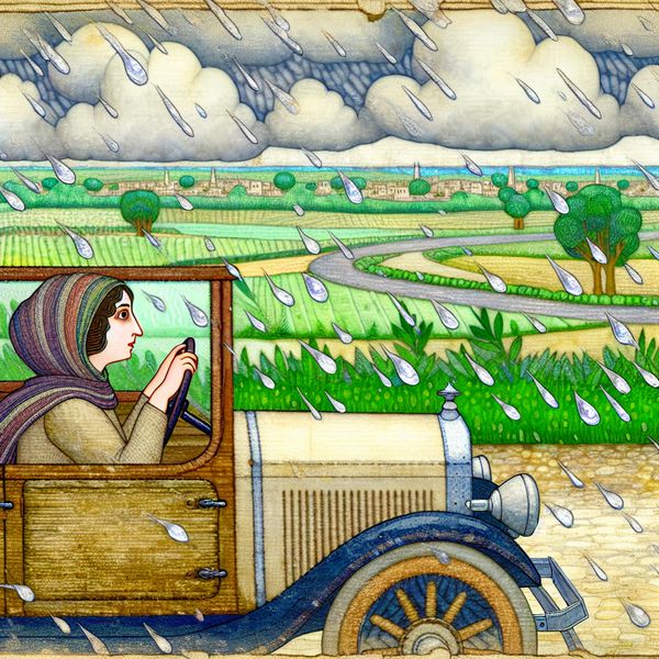 Voorzichtig rijden in de regen met een vintage auto Jonge vrouw rijdt voorzichtig in een vintage auto op een kronkelige weg door een groen landschap met lichte regen.