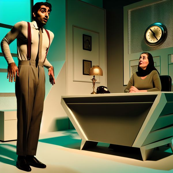 Voorzichtigheid en aarzeling in de werkomgeving - Taalbeeld voor angst om fouten te maken Illustratie van een man die aarzelend voor zijn baas staat in een retro-futuristisch kantoor, bang om een fout te maken