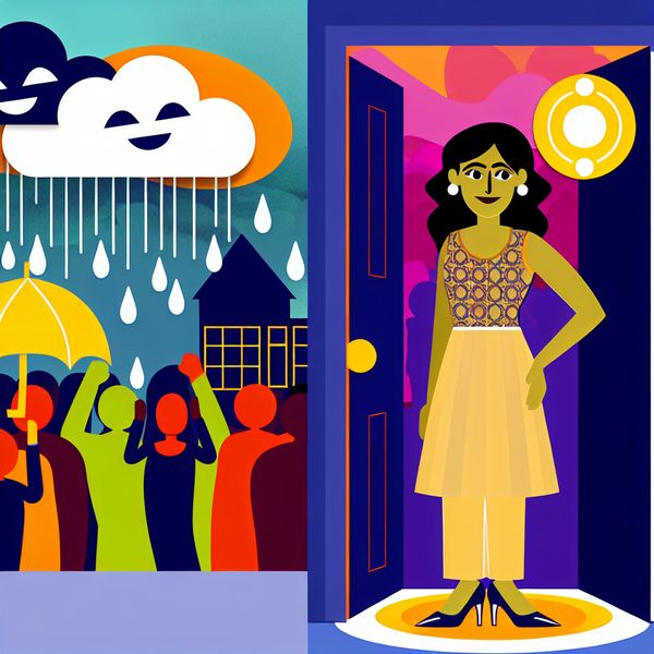 Voorzichtigheid en Feeststemming: Illustratie van Een Figurant bij de Deur Een vrolijke maar voorzichtige figuur staat bij een deur en overweegt naar buiten te stappen naar een feestelijke scène, met regenachtige wolken boven de deur.