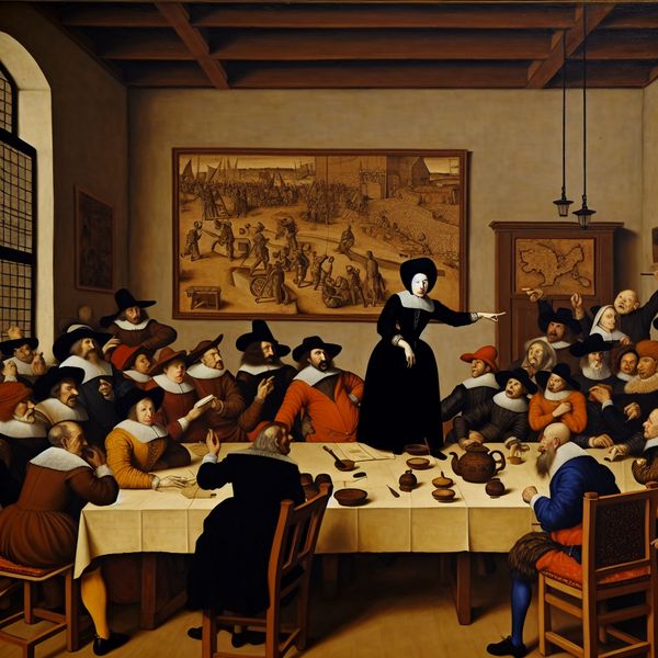 17e-eeuwse Nederlandse scène in de stijl van Jan Steen: een levendige vergadering met een zelfverzekerde vrouw als voorzitter, omringd door een diverse groep druk discussiërende deelnemers in een rijk gedetailleerde kamer