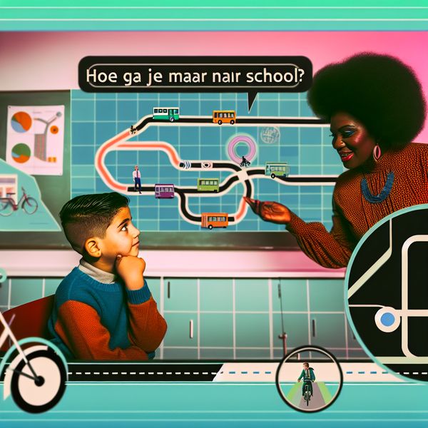 Leerling vraagt naar schoolroutes in retro-futuristische klas Een moderne retro-futuristische klas met een nieuwsgierige leerling die een vraag stelt aan een leraar over hoe naar school te gaan.
