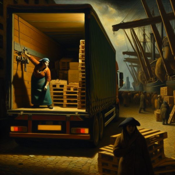 Een drukke vrachtwagenchauffeur die goederen in de achterkant van een grote vrachtwagen laadt op een bedrijvige laadplaats.