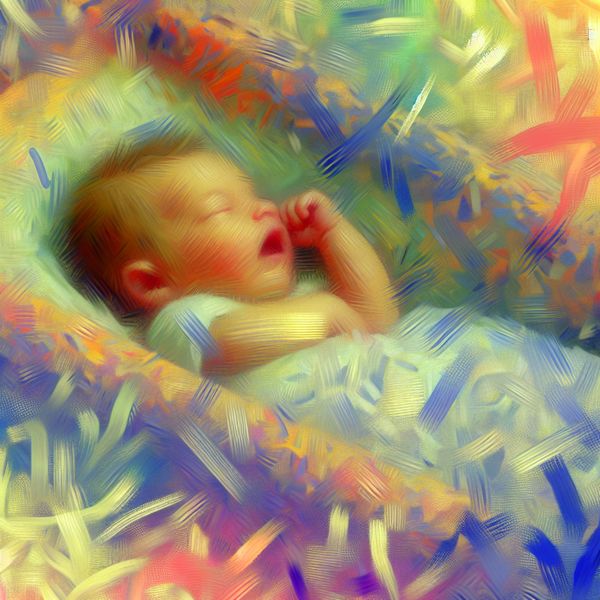 Vredig slapende pasgeboren baby in abstract expressionisme Abstract expressionistisch schilderij van een pasgeboren baby die vredig slaapt in een wieg, kleurrijke en chaotische achtergrond.