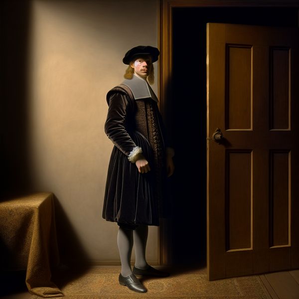 17e-eeuwse vreemde man in Hollands interieur - betekenis van 'vreemde' Elegant portret van een onbekende man in een 17e-eeuws Hollands interieur, staand in een deuropening met een gespannen sfeer