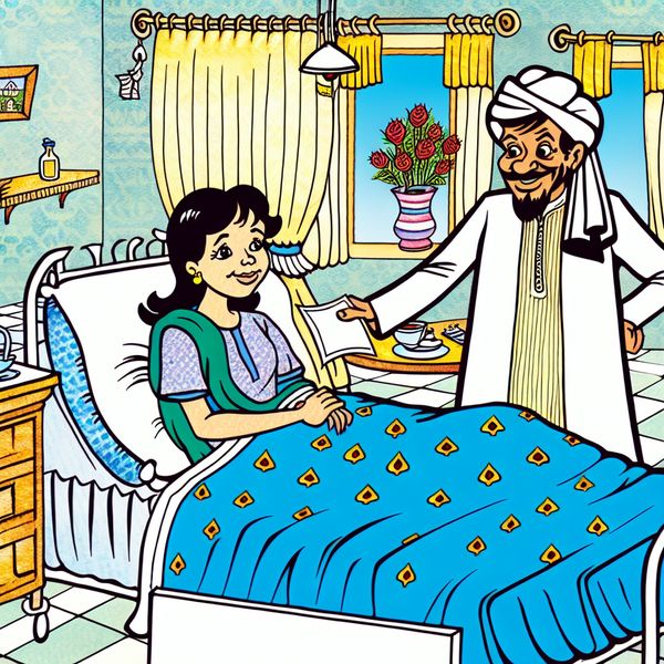 Vrolijke cartoon van een ziekenhuisbezoek waar een vriend een zieke bezoekt met een cadeautje in een gezellige kamer