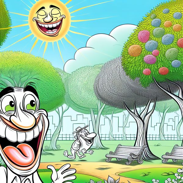 Vrolijke cartoonfiguren in een betoverend park met bloeiende bomen, waar één figuur met een vriendelijke glimlach een andere figuur begroet.