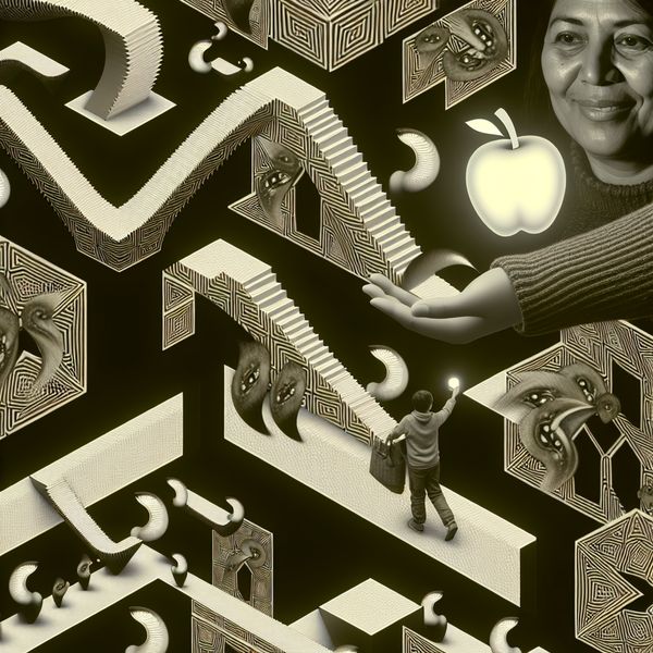 Vriendelijke buurvrouw helpt een kind in een surrealistisch architecturaal landschap in de stijl van M.C. Escher, met zwevende appels en optische illusies