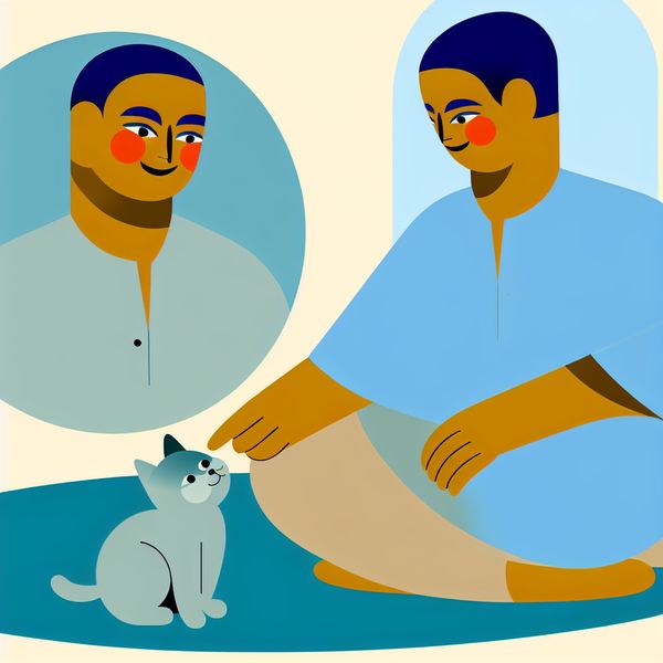 Minimalistische illustratie van een vriendelijke man die zachtjes een pluizig katje aait, symboliserend vriendelijkheid en voorzichtigheid