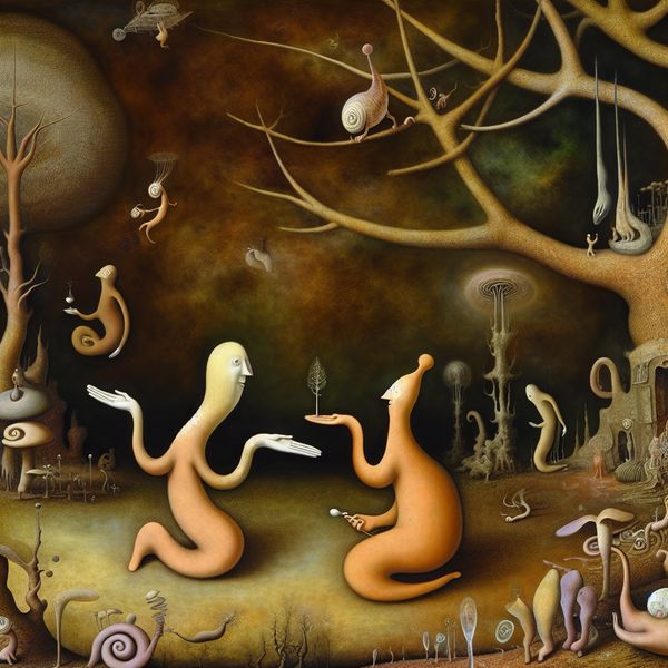 Vriendelijk voorstel in surrealistische taferelen - Taal leren Nederlands Surrealistisch tafereel in de stijl van Jheronimus Bosch met twee langgerekte figuren die een vriendelijk voorstel doen in een droomachtig landschap vol symbolische details