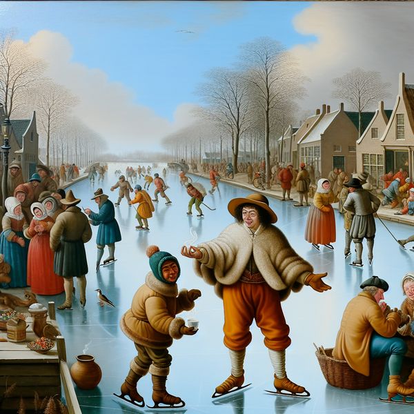 Vriendelijke wintertafereel met twee mensen bij een bevroren kanaal, waarbij de ene persoon een dampende kop warme chocolademelk of glühwein aanbiedt als vriendelijk voorstel