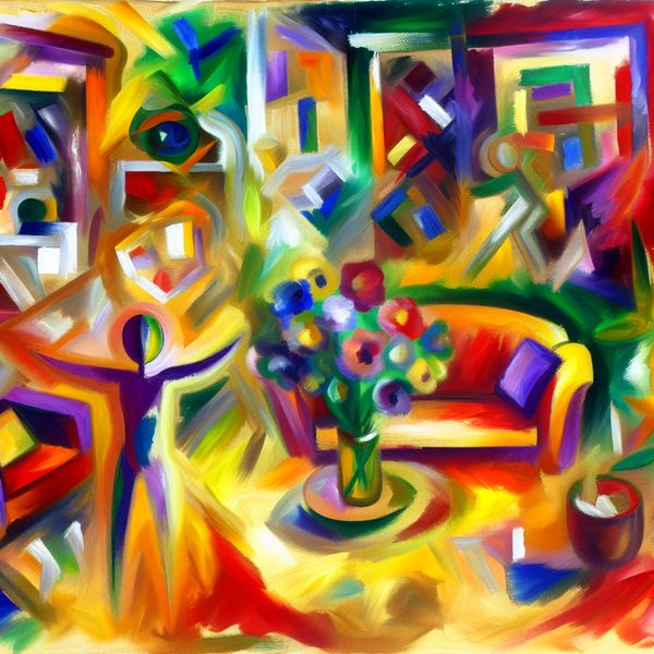 Vriendelijk Welkom - Abstracte Expressieve Schildering Abstracte expressieve schildering van een warm welkom in een levendige woonkamer met een verwelkomend figuur