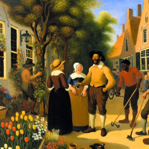 Vriendelijke buurman in een levendige Nederlandse buurt Een vrolijke buurman praat met twee lachende buren voor een charmant Nederlands huis met kleurrijke bloemen in de tuin.