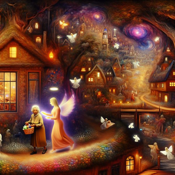 Vriendelijke buurman helpt oudere persoon in magische surrealistische omgeving Surrealistisch tafereel van een vriendelijke buurman met een zachte gloed die een oudere persoon helpt met boodschappen dragen, omringd door symbolische details en engelachtige wezens in een droomachtige wijk