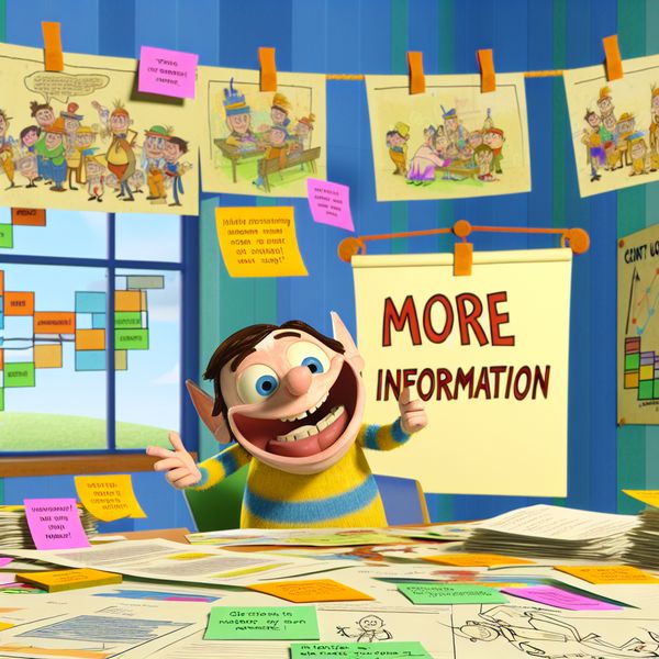 Vriendelijke cartoonfiguur bij projectvergadering met meer informatie Een vriendelijke cartoonfiguur aan een projectvergadertafel, omringd door documenten en kleurrijke grafieken, die naar een bord wijst met de tekst 'Meer Informatie'.