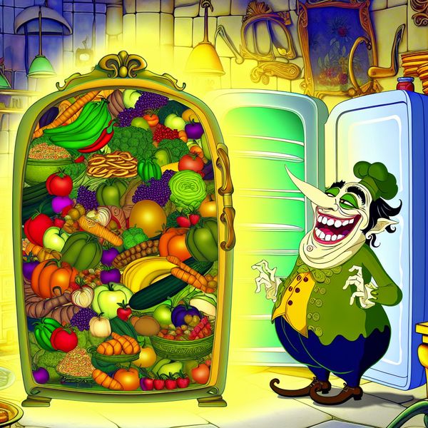 Vrolijke Chef Meet Voedselcapaciteit van Koelkast Een cartoonachtige chef die vrolijk een grote volle koelkast met kleurrijke eetwaren meet.