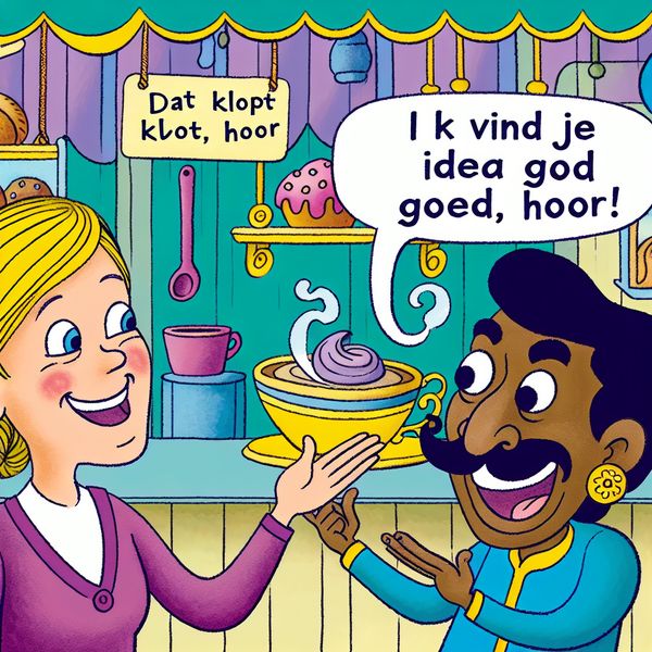 Cartoon van een man en vrouw in een café met vriendelijke conversatie, een vrouw zegt 'Dat klopt hoor' en een man reageert 'Ik vind je idee goed, hoor!'