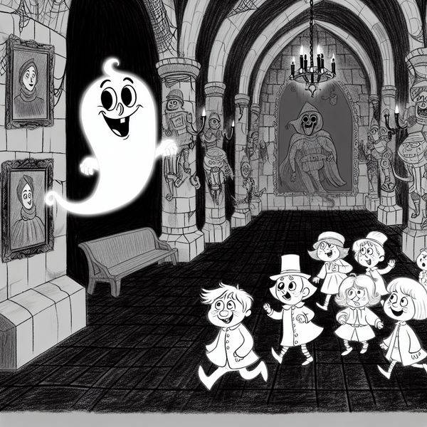 Vriendelijke geest in een spookachtig kasteel Vriendelijke geest zwevend in kasteelgang met kinderen, omgeven door spinnenwebben en oude portretten