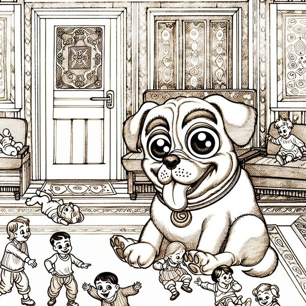 Vriendelijke hond in gezellige woonkamer Cartoonachtige illustratie van een vriendelijke hond met grote, expressieve ogen die in een gezellige woonkamer zit, omringd door kinderen.