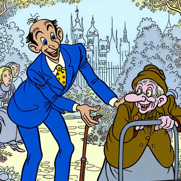 Vriendelijke hulp in het park - cartoonstijl Een vriendelijke cartoonfiguur biedt hulp aan een oudere persoon met zware bagage in een zonnig park.