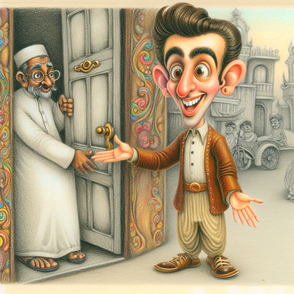 Vriendelijke jongeman houdt de deur open voor een oudere persoon in een charmante cartoonstijl