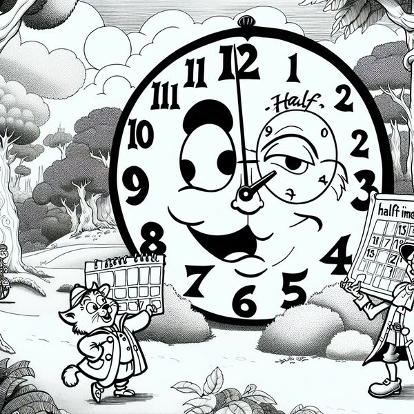Vrolijke klok en kat: tijd leren met half vier Een grote, vriendelijke klok met expressieve ogen die 3:30 aangeeft, met een verwarde kat die naar de klok wijst.