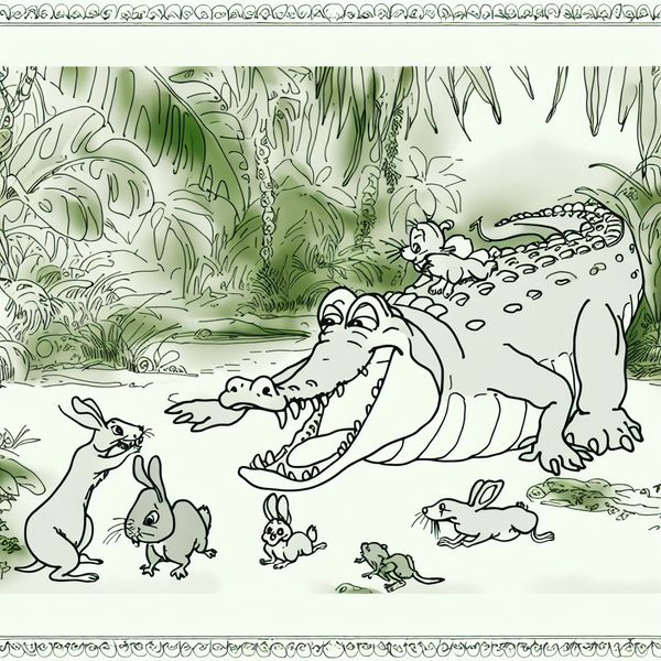 Vrolijke illustratie van een vriendelijke krokodil die speelt met schattige kleine dieren in een kleurrijke jungle