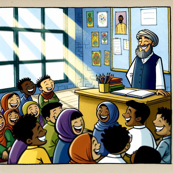 Vriendelijke en gemakkelijke leraar in gezellige klas Een blije leraar in een klaslokaal, omringd door diverse, lachende studenten die vriendelijk met elkaar converseren.
