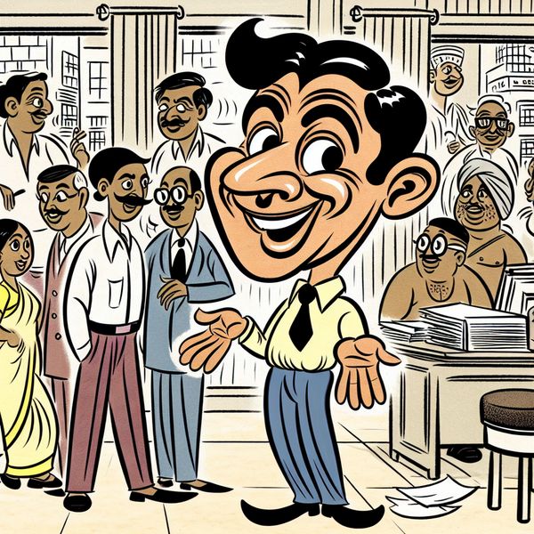 Vriendelijke Man in Cartoonkantoor met Collega's Vriendelijke man in een cartoonkantoor omgeven door drukke collega's