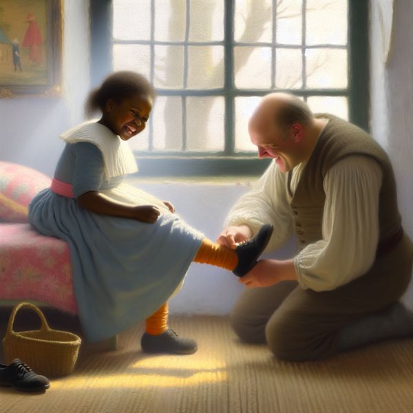 Vriendelijke man helpt kind met schoenen Een vriendelijke man helpt een kind met het strikken van haar schoenen in een gezellige kamer.