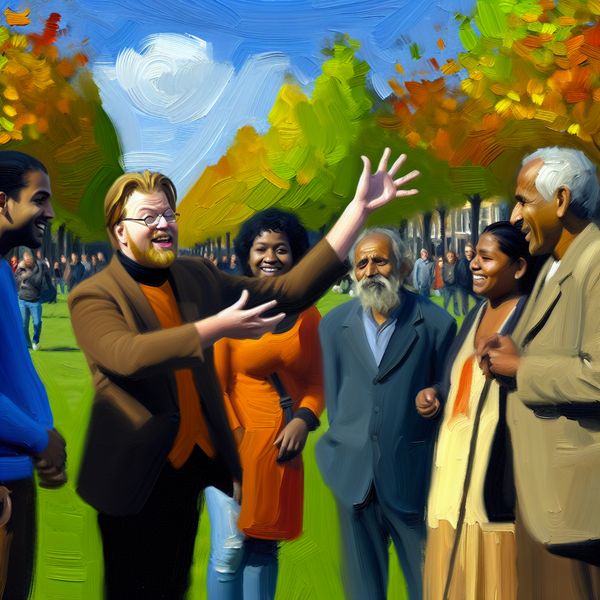 Interactie en houding in een park Een levendige scène van een vriendelijke man die met een diverse groep mensen in een park communiceert, met expressieve handgebaren.