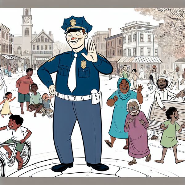 Vriendelijke politieagent in levendige stadsplein cartoon Een cartoon van een vriendelijke politieagent in een druk stadsplein, omringd door blije burgers en een kind op een fiets.