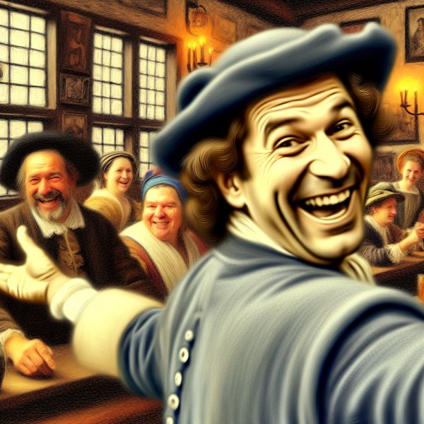 17e-eeuwse scène in Nederlandse taverne met vriendelijk glimlachende man