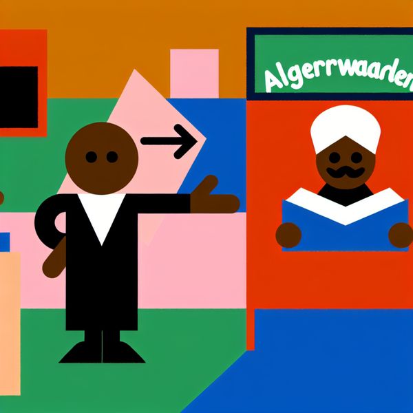 Vriendelijke winkelier en Algemene Voorwaarden illustratie Minimalistische illustratie van een vriendelijke winkelier die naar een groot bord met 'Algemene Voorwaarden' wijst, met een klant die een open boek leest.