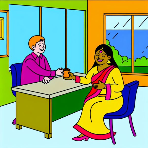 Een vrouw met een vriendelijke glimlach geeft een collega een kopje koffie in een zonnig kantoor.