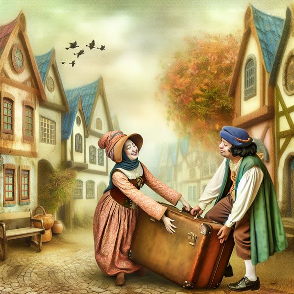 Vriendelijkheid in een sprookjesdorp: Een persoon helpt met het dragen van een koffer Een vriendelijke persoon helpt een vriend door een grote, vintage koffer op te tillen in een sprookjesachtige omgeving.