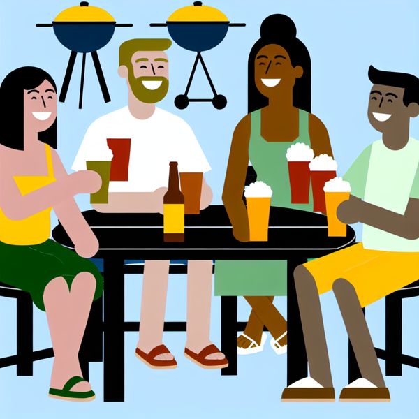 Vrienden Genieten van een Biertje Buitenshuis Illustratie van een groep vrienden die buiten aan een tafel zitten met bier in de hand en lachend genieten van elkaars gezelschap.