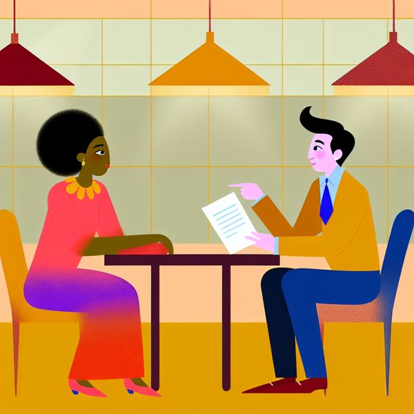 Vrienden Bijpraten Over Projectinformatie Twee vrienden zitten aan een lunchtafel en bespreken animated documenten en notities over een project.