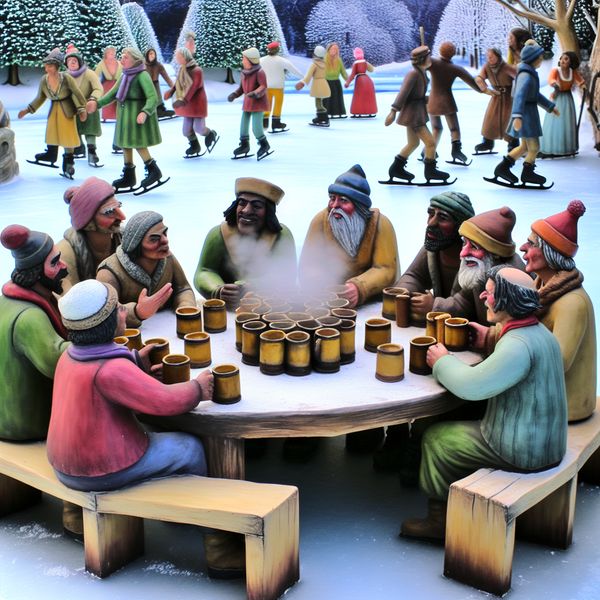 Vrienden bijpraten in een winterse omgeving Een levendige winterse scène op een bevroren meer waar vrienden samenkomen rond een houten tafel met bekers warme dranken.