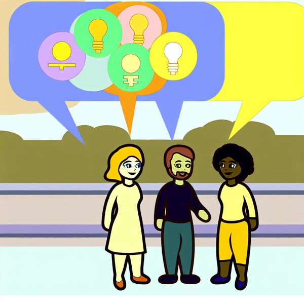 Drie diverse vrienden in cartoonstijl die in een vrolijke omgeving discussiëren, met kleurrijke denkballonnen boven hun hoofden.