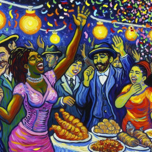 Vrolijke feestvierders in Van Gogh-stijl Een groep vrienden viert een feestje met confetti en kleurrijke lichten, geschilderd in de stijl van Vincent van Gogh.